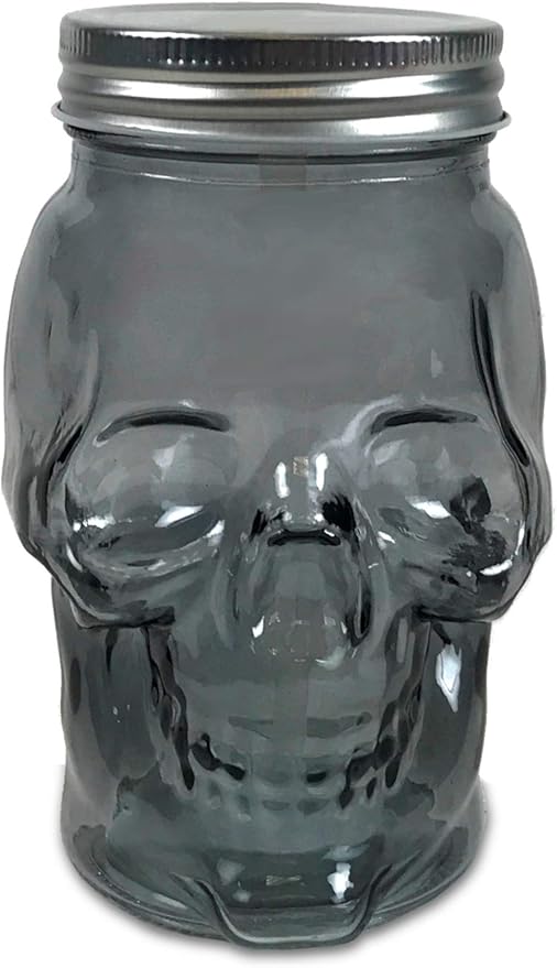 Circleware 7452 Skull Face Glass Mason Jars with Silver Lid, Set of 6 Heavy Base Beverage Drinking Cups Glassware for Water, Beer, Juice Bar Novelty Halloween Decorations Gift, 16 oz., Smoke