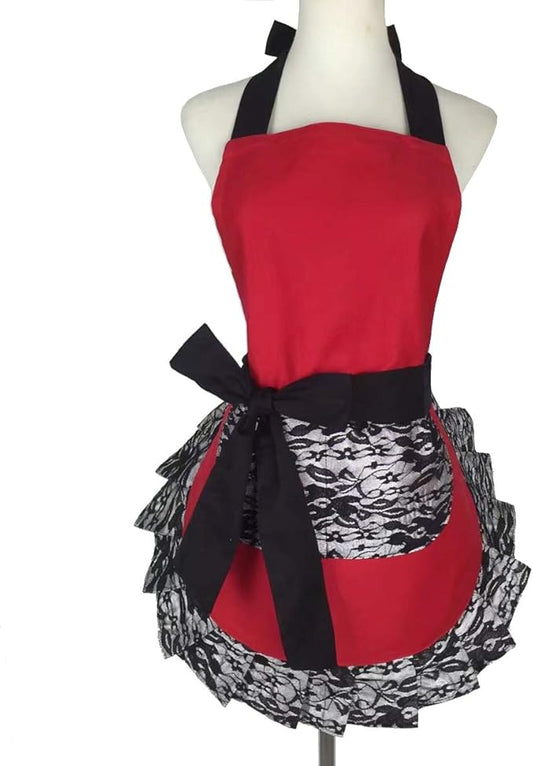 Hyzrz Cute Lace Flirty Apron with Pocket, Fun Retro Sexy Cooking Pinup Aprons for Women Girls (Red)