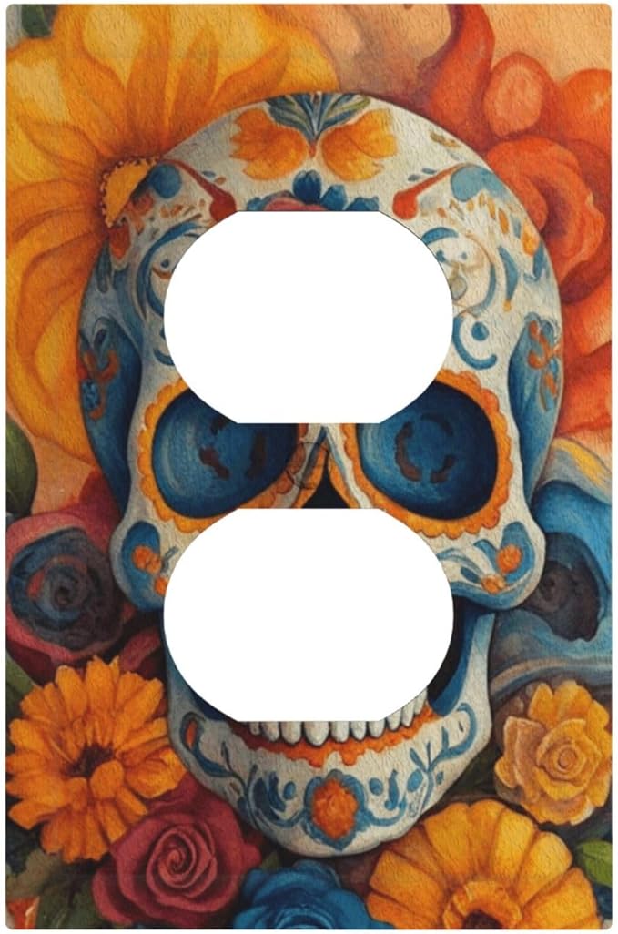 Decorative Art Light Switch Covers Floral Sugar Skull 1 Gang Single Duplex Outlet Wall Plate Switchplate Electrical Faceplate for Home Decor