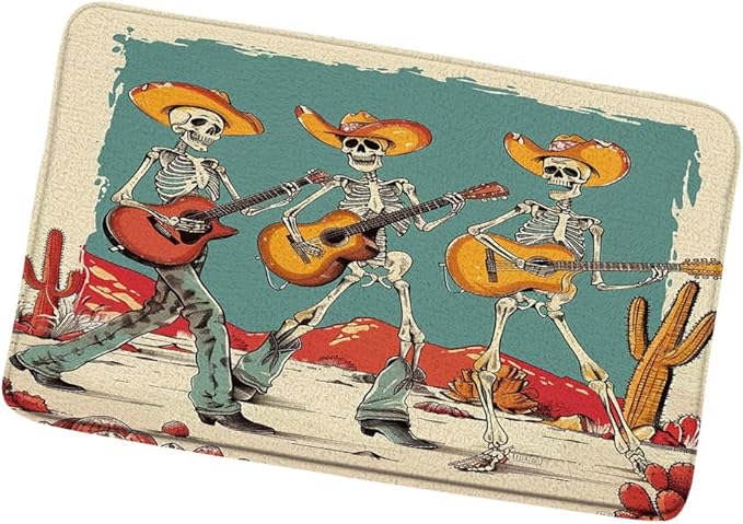 Western Gothic Funny Skull Cowboy Bath Mat Skeleton Desert Cactus Wild Flower Halloween Retro Bathroom Rugs Shower Mat Bedroom Kitchen Carpet 17.8x29.5 Inch