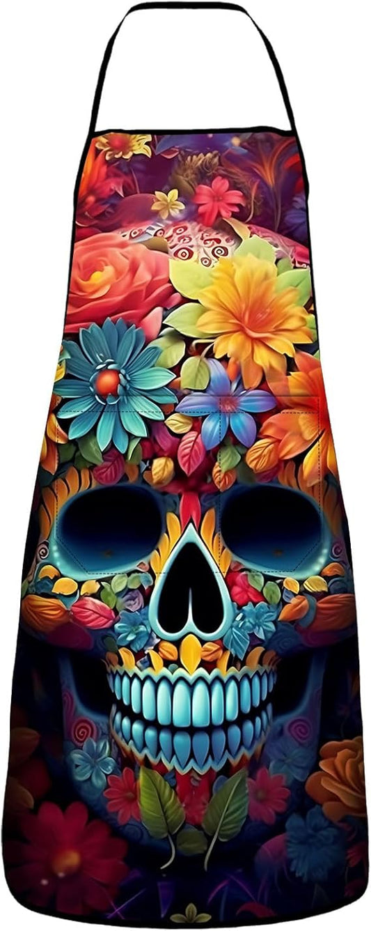 Sugar Skull Flower Apron for Men Women with 2 Pockets, Baking Gardening BBQ Waterproof Aprons Cute Gifts