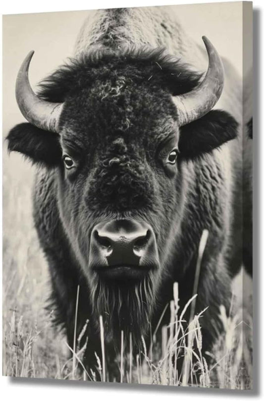 XLMDYYSW Buffalo Canvas Wall Art Black and White Bison Pictures Rustic Farmhouse Animals Painting Print for Modern Living Room Bathroom Cabin Decor Framed (White, 24L x 16W)