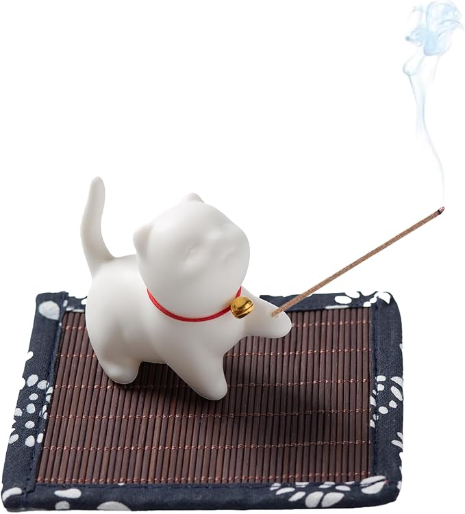 Incense Holder Handmade Ceramic cat Incense Burner Insence-Stick Holder with Bamboo Mat Cute Cat Decor Incense Holder for Sticks for Aromatherapy/Yoga/Meditation/Home Ring Holder