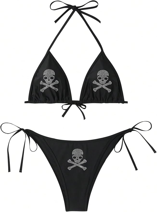 Women's Plus Size 2 Piece Bikini Set Skull Rhinestone Halter Swimsuit
