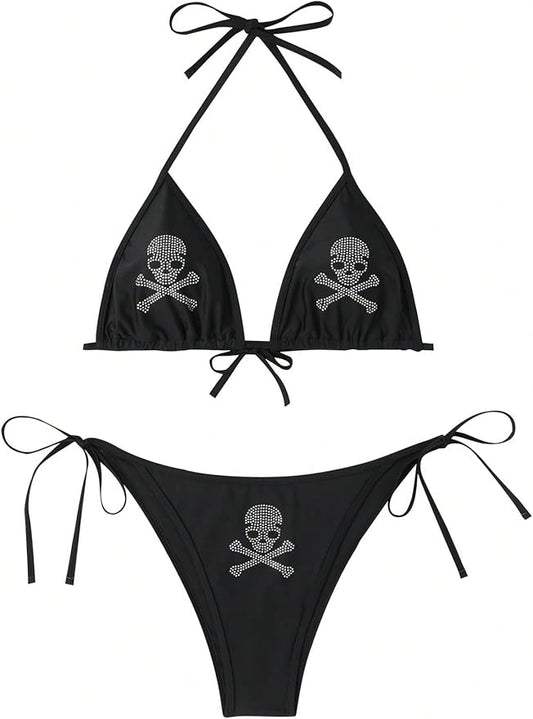 Women's Plus Size 2 Piece Bikini Set Skull Rhinestone Halter Swimsuit
