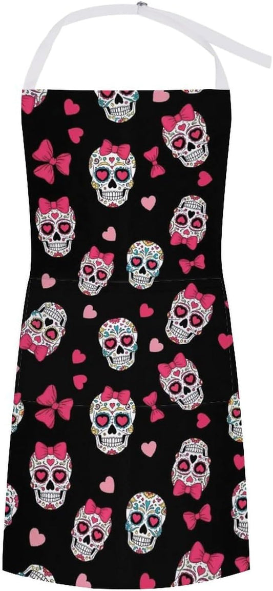 Dog Grooming Wedding Restaurant Kitchen Apron Large Pocket Waterproof Fashion Apron Boys Girls - Pink Heart Sugar Skull Apron with Roomy Pocket - Easy Care Aprons