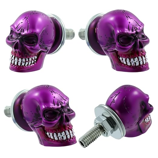 Skull License Plate Bolts Fasteners Motorcycle License Plate Screws Funny Cool License Plate Frame Decorative Kit Fit Most Cars Truck Modified Vehicle Accessories 4 Pcs (Purple)