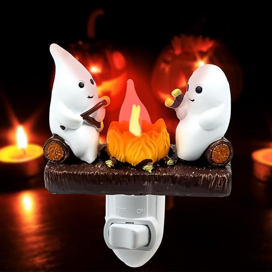 Ghost Campfire Flickering Night Light, Ghosts Campfire Flicker Flame Halloween Nightlight, 3D LED Campfire Night Light, Halloween Nightlight Indoor Figurine Lamps Fall Decorations for Home