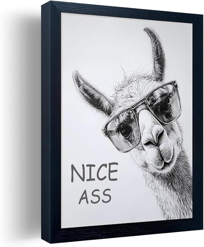 Bathroom Picture Wall Decor, Framed Black and White Bathroom Wall Art, Cheeky Llama Funny Canvas Print Painting, 10"x8"