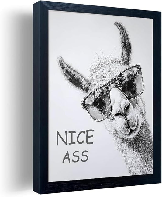 Bathroom Picture Wall Decor, Framed Black and White Bathroom Wall Art, Cheeky Llama Funny Canvas Print Painting, 10"x8"