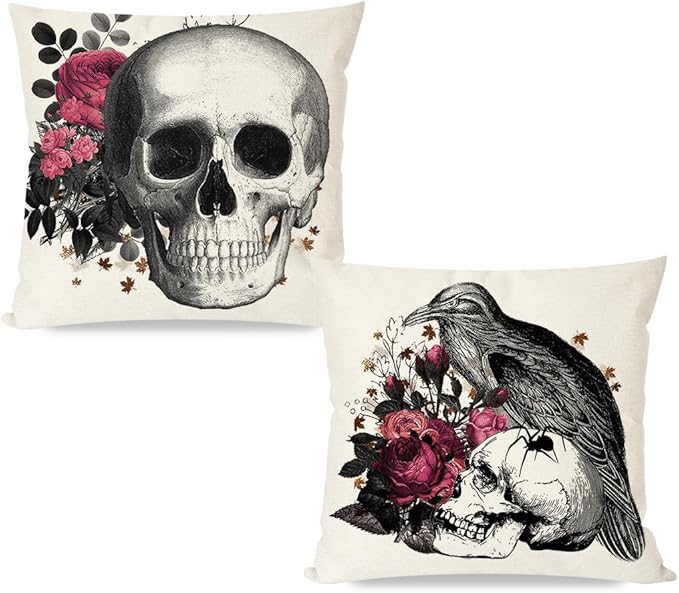 PANDICORN Halloween Decorative Throw Pillow Covers 18 x 18 Inch Skull Skeleton Raven Crow Burgundy Rose Floral Gothic Spooky Horror Creepy Decorations Cushion Cases Set of 2 for Couch Porch Decor