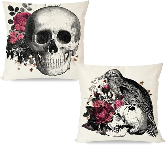 PANDICORN Halloween Decorative Throw Pillow Covers 18 x 18 Inch Skull Skeleton Raven Crow Burgundy Rose Floral Gothic Spooky Horror Creepy Decorations Cushion Cases Set of 2 for Couch Porch Decor