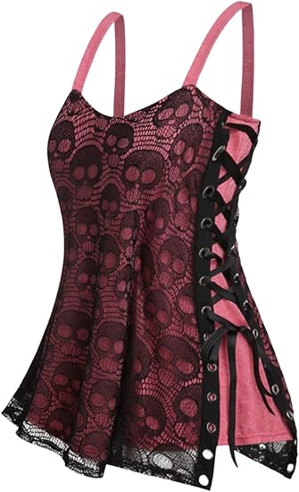 Womens Plus Size Gothic Skull Lace Overlay Sleeveless Strap Tank Top