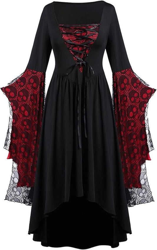 Halloween Costumes for Women Gothic Skull Lace Bat Sleeve High Low Dress Plus Size Vintage Lace Up Maxi Dresses