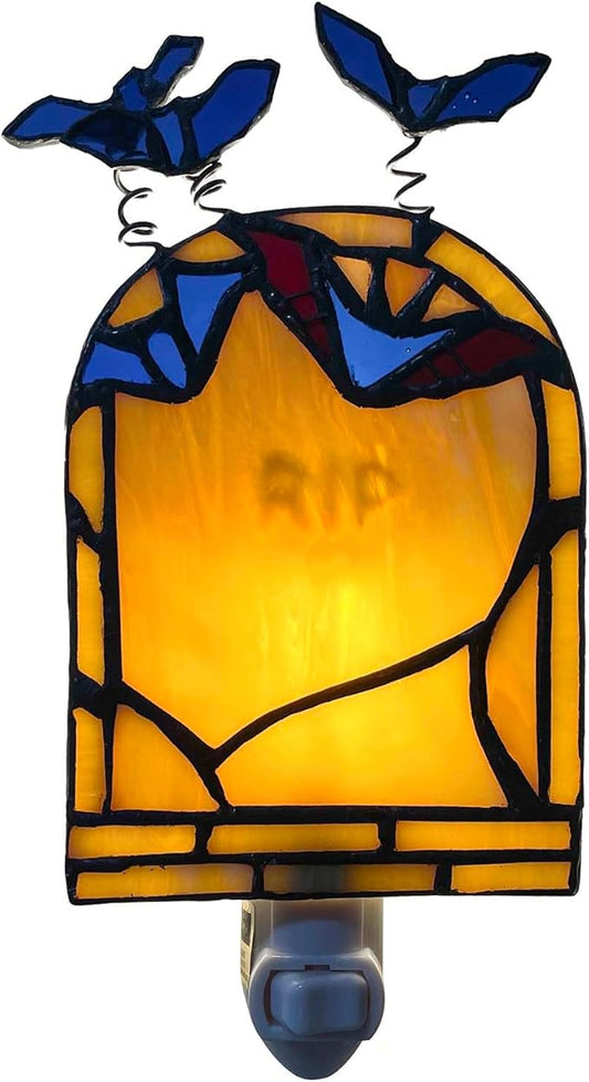 Bieye L13004 Bats Flying Over Tombstone Tiffany Style Stained Glass Wall Plug-in Night Light for Halloween Decor