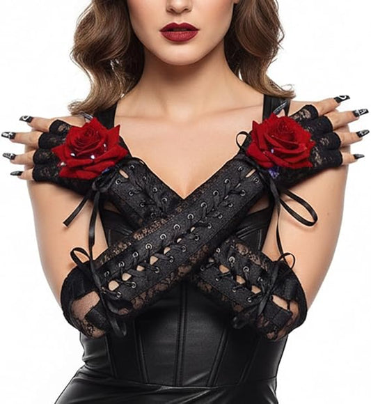 Fingerless Lace Up Gloves Black Elbow Glove Steam Punk Gloves Stretchy Costume Party Opera Costume for Women and Girl