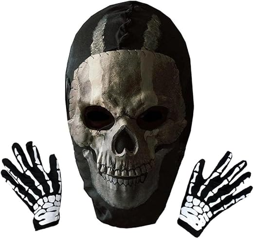 Unisex Ghost Skull Full Face Mask White Skeleton Gloves for War Game Outdoor Sport Halloween Party