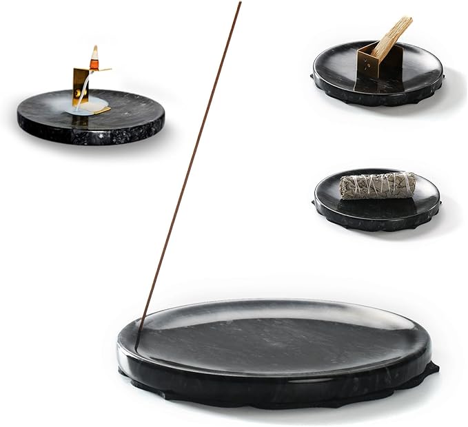 7.1-Inch Natural Marble Incense Holder - Large Ash Catcher for Sticks/Cone/Palo Santo/Sage, Handcrafted Burner for Meditation Yoga SPA Home Decor(Black)