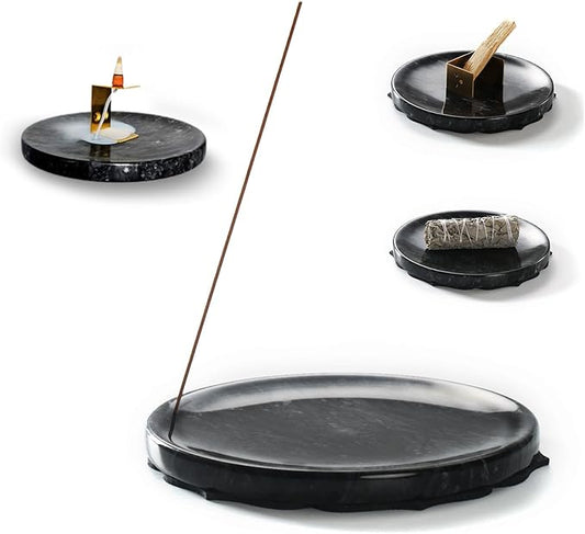 7.1-Inch Natural Marble Incense Holder - Large Ash Catcher for Sticks/Cone/Palo Santo/Sage, Handcrafted Burner for Meditation Yoga SPA Home Decor(Black)