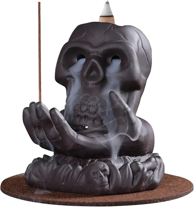 Skull Incense Burner Holder Ceramic Backflow Incense Burner Insencents Holder Home Decor Aromatherapy with 20 Upgraded Backflow Incense Cones + 30 Incense Sticks