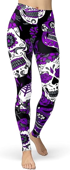 Women's Sugar Skull Leggings Buttery Soft Rose Flower Printed Halloween Stretchy Pants 28"