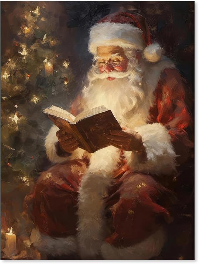Vintage Christmas Canvas Wall Art - Santa Claus Reading Book Prints Pictures for Wall Decor - Christmas Posters Xmas Wall Decorations 12x16in Unframed for Home Office