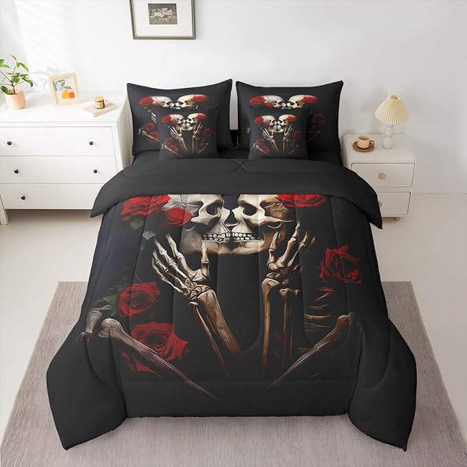 Feelyou Sugar Skull Bedding Set 7 Pieces King Size Kids Rose Gothic Skull Comforter Set for Boys Girls Teens Valentine's Day Bed Set Romantic Bed in a Bag, Comforter+Sheets+Pillowcases+Cushion Cover