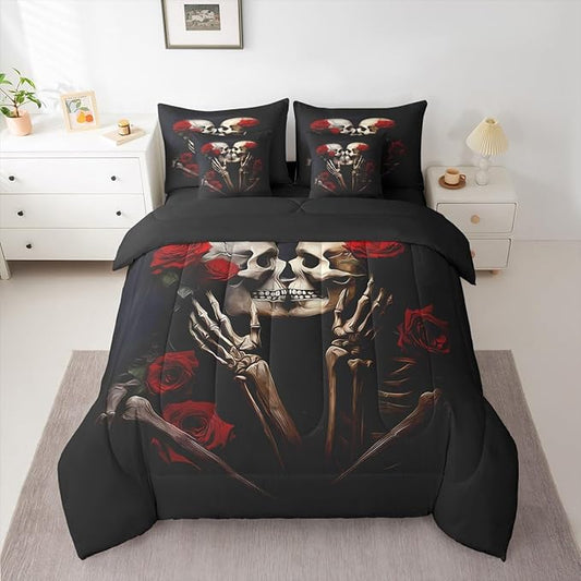 Feelyou Sugar Skull Bedding Set 7 Pieces King Size Kids Rose Gothic Skull Comforter Set for Boys Girls Teens Valentine's Day Bed Set Romantic Bed in a Bag, Comforter+Sheets+Pillowcases+Cushion Cover