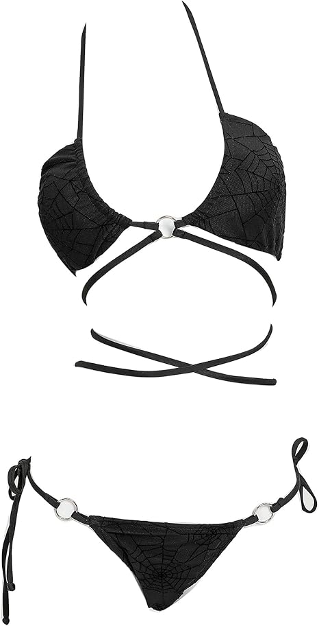 Meowcos Women's Bikini Sets Gothic Bathing Suit Flocked Spider Web Two Piece Swimsuit