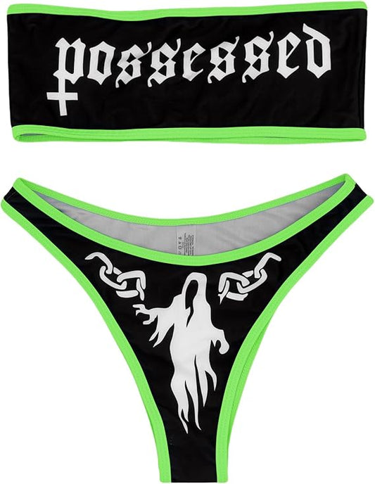 Women's Letter Skull Print Goth Swimsuit 2 Piece Sexy Triangle Bikini Bathing Suit for Rave Festival Halloween