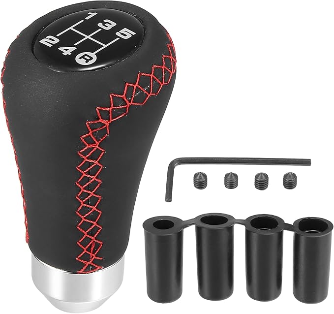 X AUTOHAUX Black Universal 5 Speed Auto Car Gear Lever Shifter Manual Stick Shift Knob PU Leather Red Stitches