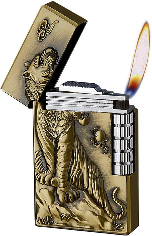 Soft Flame Lighter, Unique Engraved Tiger Eagle Metal Wheel Lighter，Refillable Butane Flip Lighters for Collection Decorative Gift Present（Free of Butane Gas） (Tiger)