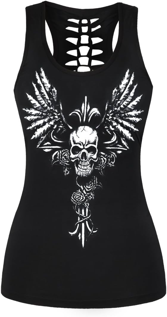 Womens Cut Out Skull Print Workout Yoga Tank Tops Sleeveless Summer T Shirt Vest