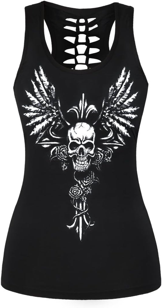 Womens Cut Out Skull Print Workout Yoga Tank Tops Sleeveless Summer T Shirt Vest