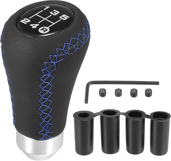 X AUTOHAUX Black Universal 5 Speed Auto Car Gear Lever Shifter Manual Stick Shift Knob for Automatic and Manual Vehicle PU Leather Blue Stitches