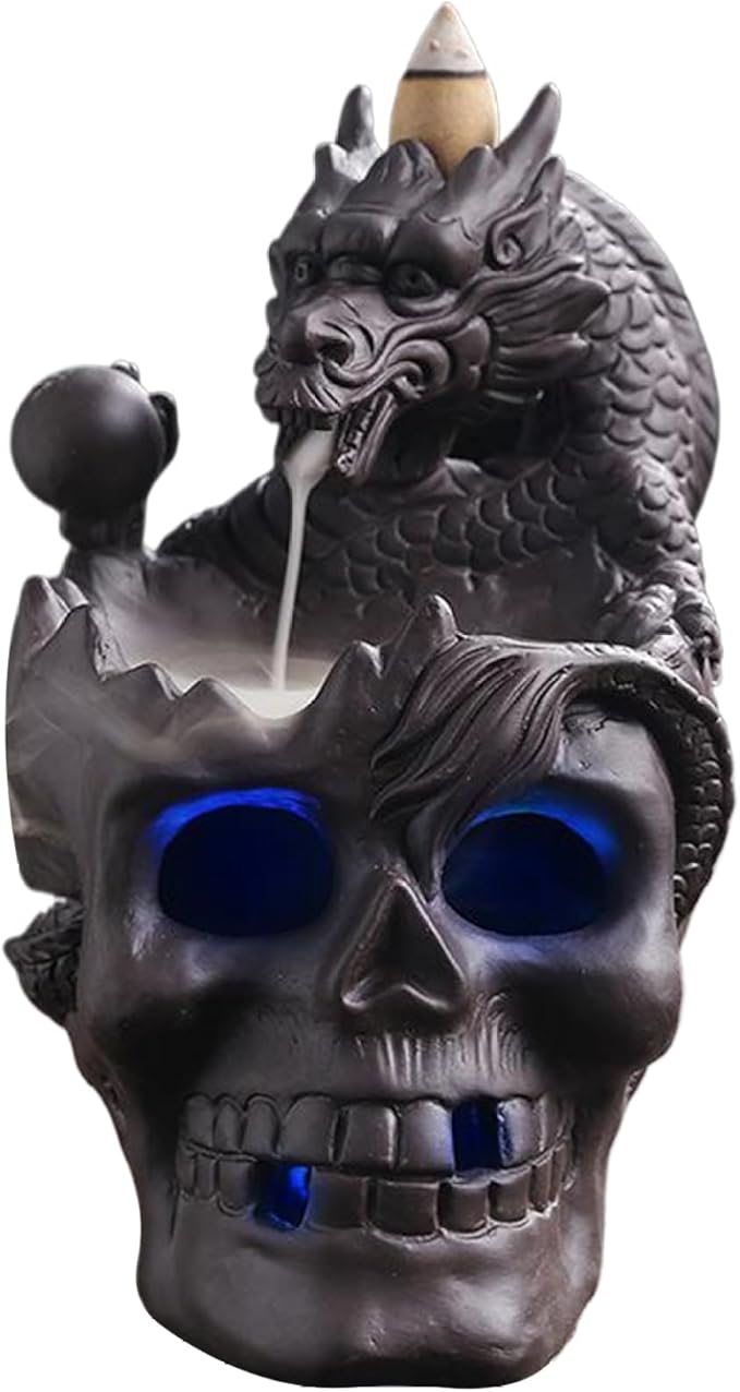 Skull Incense Holder Skull Dragon Backflow Incense Holder Halloween LED Ceramic Desktop Waterfall for Cones & Sticks