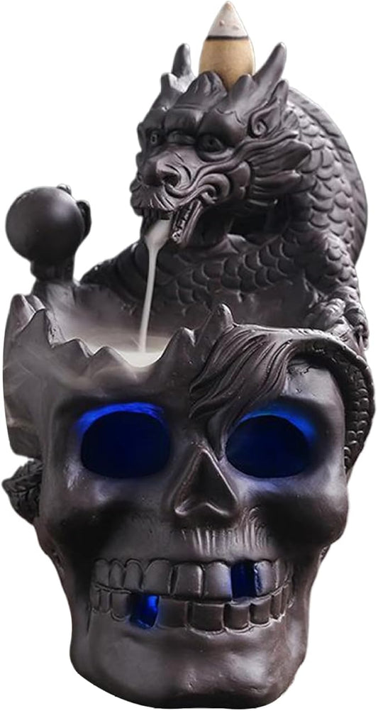 Skull Incense Holder Skull Dragon Backflow Incense Holder Halloween LED Ceramic Desktop Waterfall for Cones & Sticks