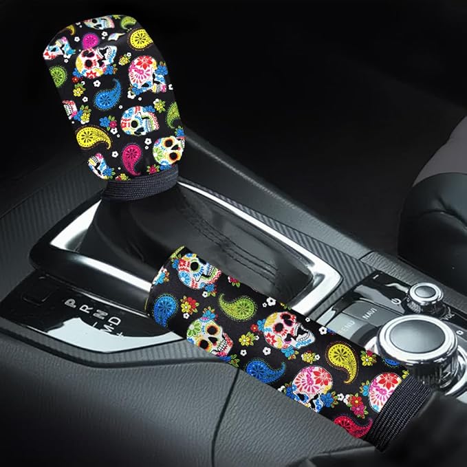 WIRESTER Car Handbrake Cover with Gear Shift Knob Cover Set, Universal Auto Interior Accessories Decoration for All Cars - Colorful Sugar Skulls