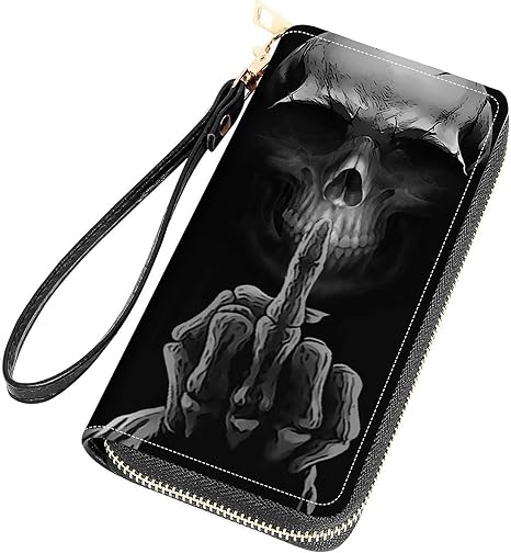 Funny Skeleton Skull Print Women Large Capacity Wallet PU Leather Zipper Clutch Purse for Smart Phone/Card/Coin/Cash