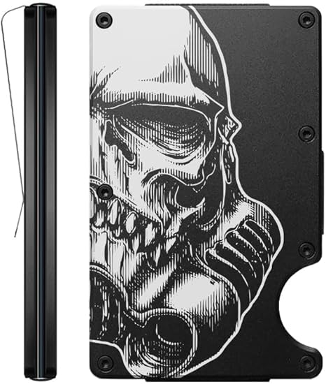 Cool Skull White Helmet Aluminum Wallet for Men with Engraved Finish Metal Money Clip RFID Blocking Minimalist Slim Credit Card Holder