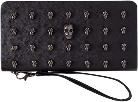 DownUpdown Skull Wallets for Women Wristlet Purses Clutch Black Zipper Purse Faux Leather Punk Gothic Cool Long Wallet Men