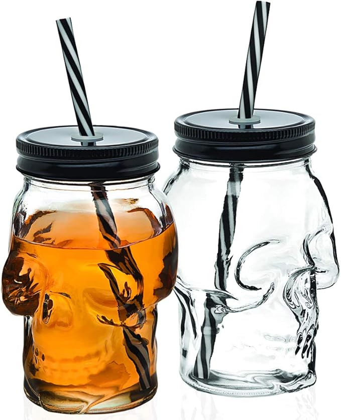 Godinger Skull Mason Jar Mug Glass Tumbler Cup with Cover and Straw - 16oz, Set of 2