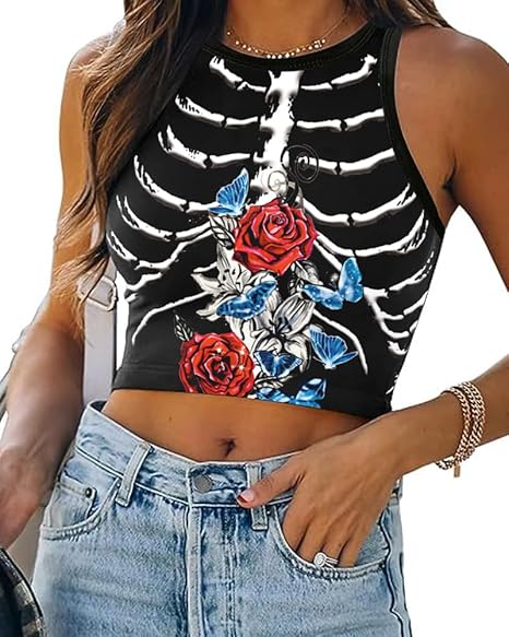 Women's Halloween Crop Top 3D Skeleton Skull Pumpkin Printed Soft Summer Sleeveless Crop Tank Tops for Women