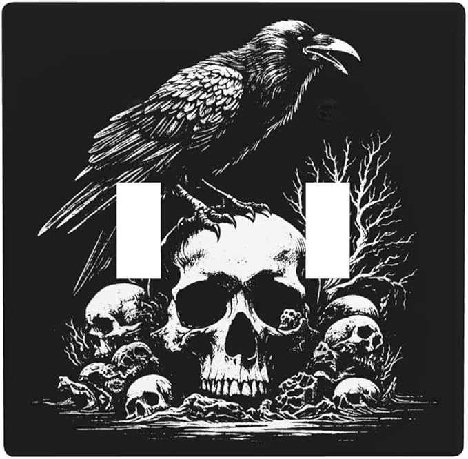Black Gothic Raven & Skull Light Switch Plate Cover, Halloween Double Toggle Wall Plate for Home Decor