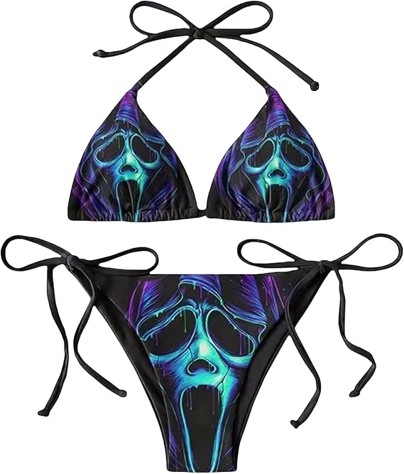 Women's Neon Skull Print Goth Bikini 2 Piece Sexy Halter Triangle Bikini Tie Side High Waist Bathing Suit Festival Outfit