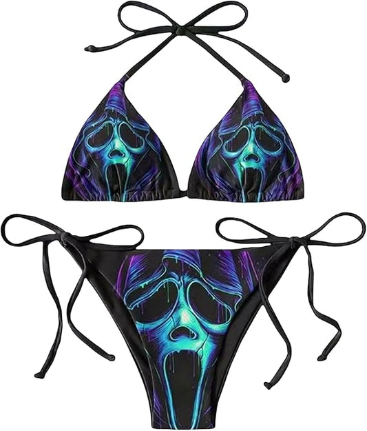 Women's Neon Skull Print Goth Bikini 2 Piece Sexy Halter Triangle Bikini Tie Side High Waist Bathing Suit Festival Outfit
