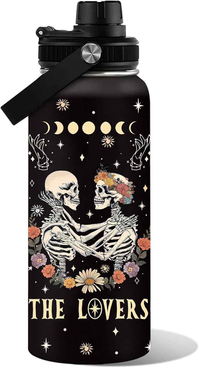 Skull The Kissing Lovers Water Bottle 32oz, Gothic Romantic Flower Skeleton Gift for Wife Girlfriend, Gift for Couples for Tarot Lovers, Wedding Halloween Christmas Gifts for Sugar Skull Lover
