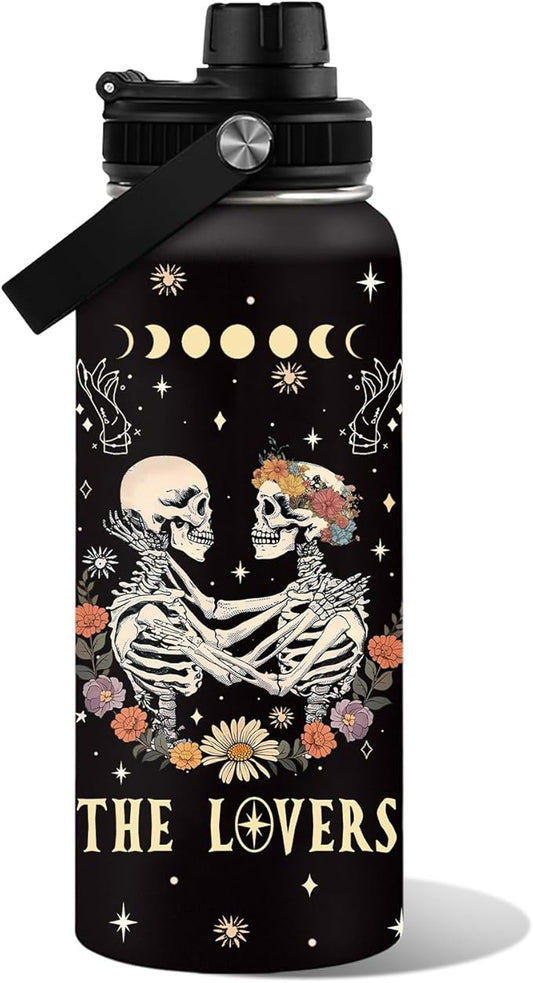 Skull The Kissing Lovers Water Bottle 32oz, Gothic Romantic Flower Skeleton Gift for Wife Girlfriend, Gift for Couples for Tarot Lovers, Wedding Halloween Christmas Gifts for Sugar Skull Lover