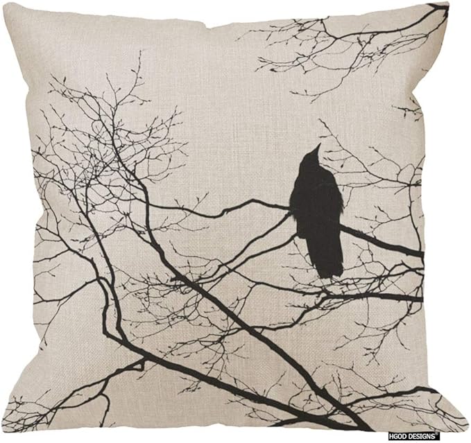 HGOD DESIGNS Modern Cushion Cover Gothic Raven on a Tree Branch Pillow Case Black White (Bird) 18 X 18 Inch