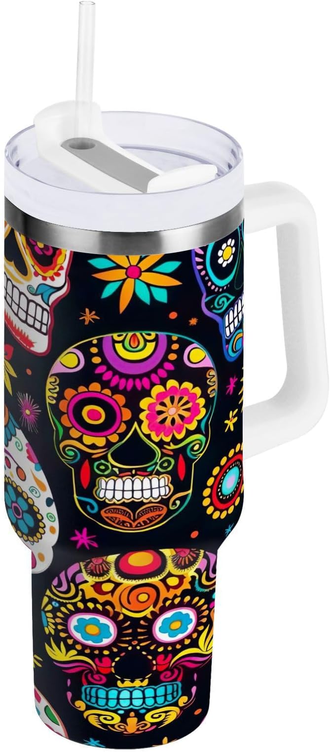 Nander 30oz Beautiful Sugar Skull Tumbler with Handle and Straw Lid,Insulated Coffee Cup Reusable Stainless Steel Water Bottle Travel Mug Cupholder,Keeps Cold or Hot